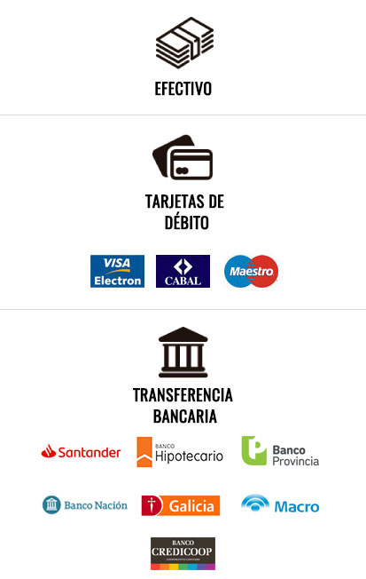 formas de pago efectivo, tarjetas de debito visa electron, cabal, maestro. Tranferencia bancaria satander, hipotecario,banco provincia, banco nación, galicia, macro, credicoop